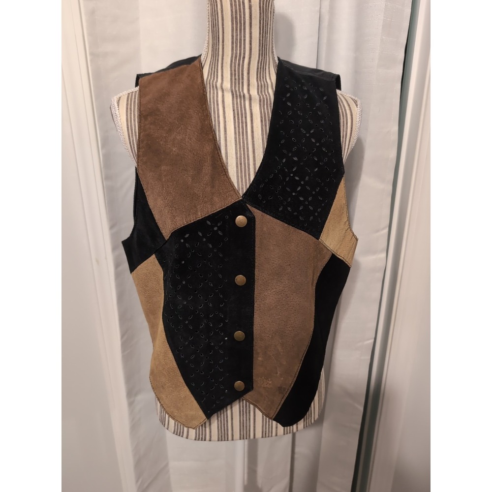Vintage Women's Patchwork Suede Leather Vest Brown And Black‎ Cut-Out Detail